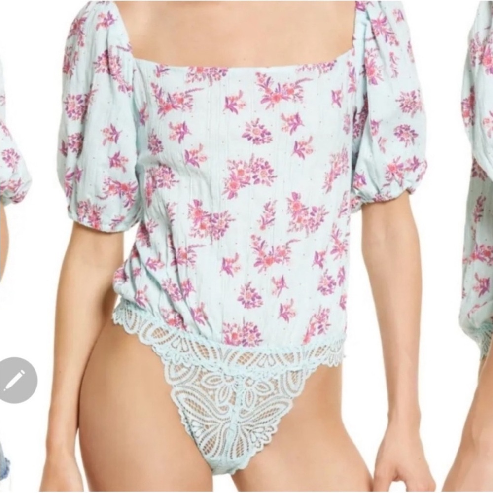 Free People Blue Pink Angela Floral Print Lace Bodysuit Off Shoulder Small - Picture 3 of 15